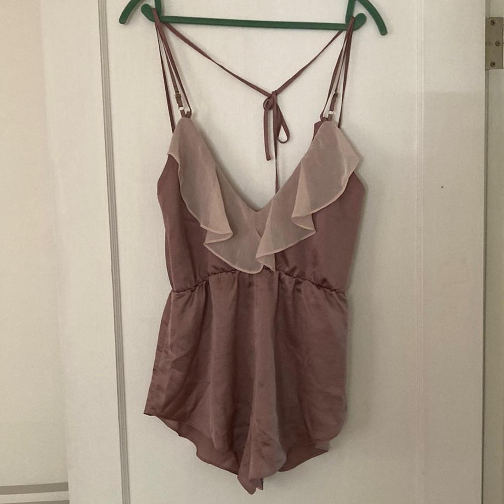 Mauve satin sleep romper with ruffle